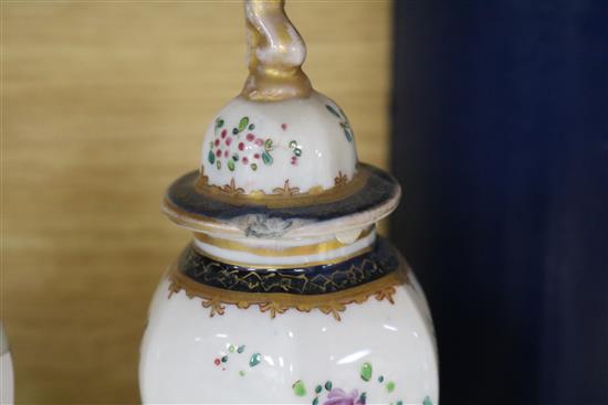A pair of Chinese famille rose vases, a pair Samson vases and cover, and an Imari vase and cover smallest 15cm, tallest 22cm
